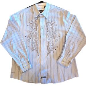 English Laundry Christopher Wicks Shirt Mens XL Blue Striped Embroidered RSG AOP